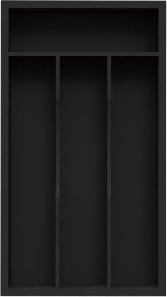 Small Silverware Organizer, Bamboo Kitchen Drawer Organizer, Utensil Holder, Cutlery Tray & Spoon Flatware Storage with Grooved Drawer Dividers (Black, 6.7''W x 12''D)