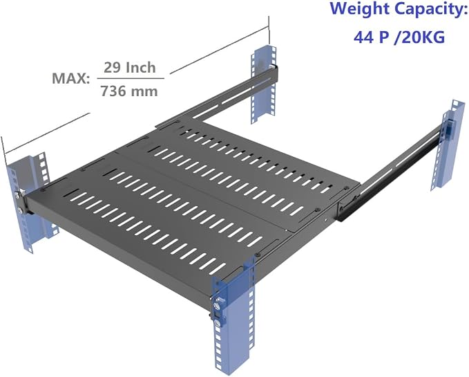 1U Vented 4-Post Adjustable Server Shelf -Mounting 16.5-29" D | Universal Tray Adjustable Mounting Depth for 19 Inch Network Equipment Server Rack or Cabinet , Black