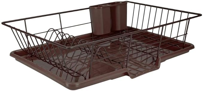 Sweet Home Collection Metal Dish Rack Drainer 3 Piece Set with Drying Board and Utensil Holder, 12" x 19" x 5", Bronze