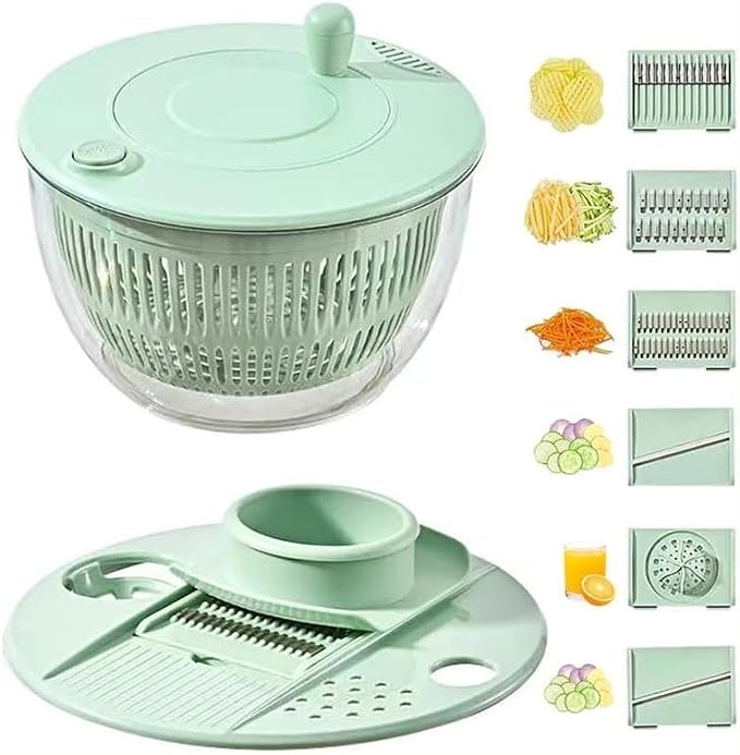 Ceruaxb Salad Spinner Chopper Large with 5 Blades Slicer, Vegetables Fruits Wash Bowl, Lettuce Spinner and Dryer, Egg Yolk Strainer Slicer Shredder for Kitchen Colander, 5.3 Qt, Green