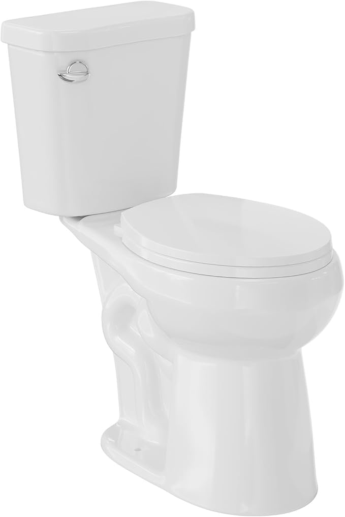 Two Piece Toilet, 19" Round ADA Comfort Height with Upgraded Flushing, Single Handle (Side Mounted), Includes Soft-Close Seat & Hardware, White, 12" Rough-in