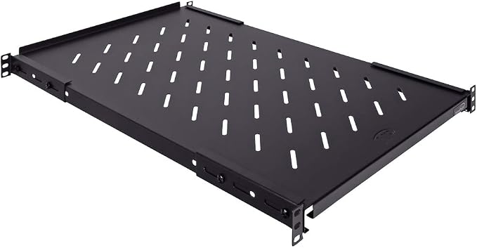 NavePoint Vented 4-Post Shelf, Adjustable, Black, 750 mm Depth, 1U, 242 lbs, Cold Rolled Steel