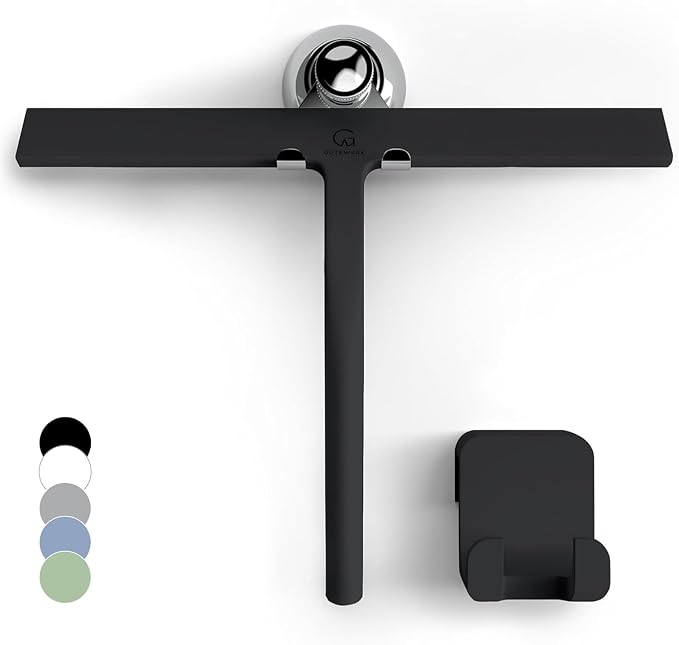 GÜTEWERK Silicone Shower Squeegee for Glass Doors & Mirrors with Stainless Steel Core, Streak-Free & No-Squeak Window Cleaning, 3-in-1 No-Drill Mount (Hook/Suction/Adhesive),Black, 11 Inches