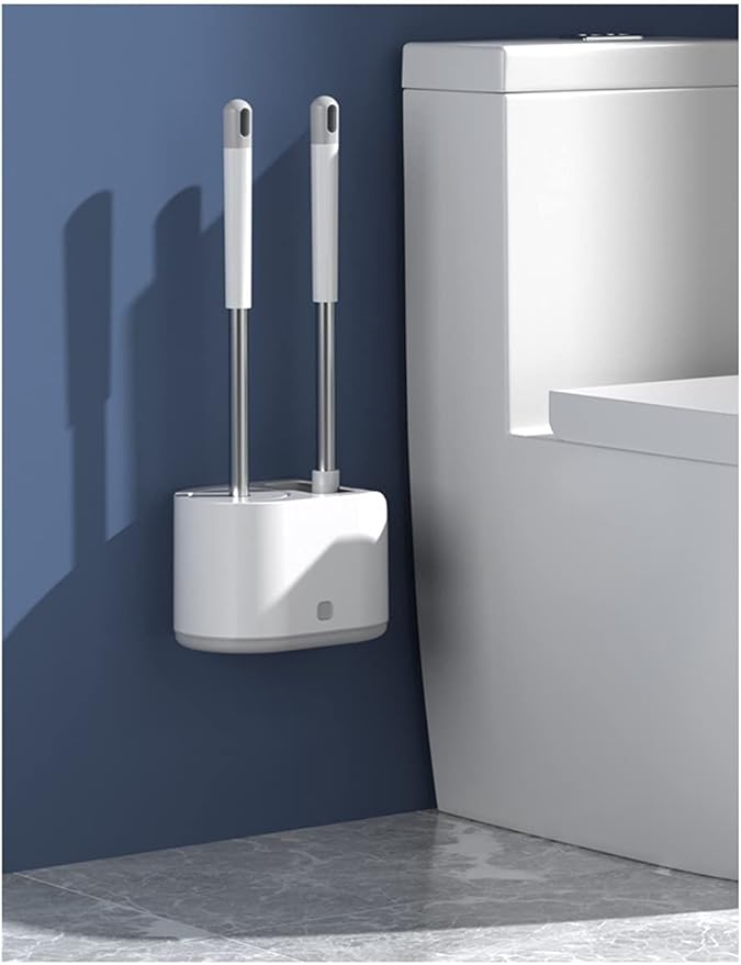 Multifunction Double Brush Toilet Brush Holder, Long Handle Wall-Mounted Toilet Brush Plunger Set, Ventilated Quick-Drying Silicone (Color : Gray, Size : Wall Hanging)