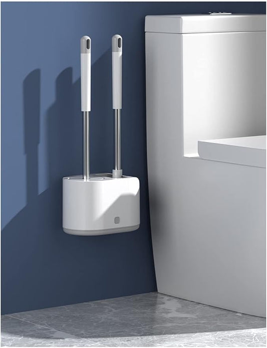 Multifunction Double Brush Toilet Brush Holder, Long Handle Wall-Mounted Toilet Brush Plunger Set, Ventilated Quick-Drying Silicone (Color : Gray, Size : Wall Hanging)