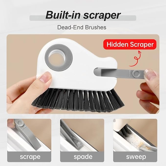 2 in 1 Groove Cleaning Brush, 2025 New Window Track Cleaning Tools, Multifunctional Bristle Crevice Brush with Hidden Scraper for Sliding Door Track Window Seal (Gray 2pcs)