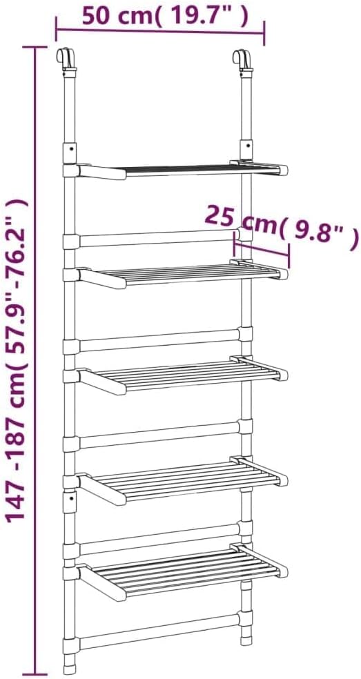 Bowery Hill 5-Tier Aluminum Hanging Laundry Drying Rack, Adjustable Height 57.9"-73.6", Space-Saving Foldable Design, Silver Finish, Wall or Door Mount, Compact Clothes Airer for Home Drying