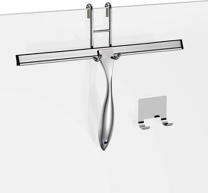 Shower Squeegee Set, 14-Inch Stainless Steel Squeegee, All-Purpose Squeegee for Bathroom, Shower Doors, Mirrors, Tiles, and Car Windows - 100% Streak Free, Includes Shower Door Hook and Adhesive Hook