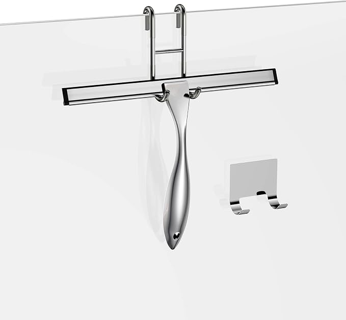 Shower Squeegee and Window Squeegee, Stainless Steel, 100% Streak-Free, Cleaner for Bathroom Showers Glass Doors, Home Mirrors, Car Windows Wiper, Adhesive Holder, Shower Door Hook, 10 Inch, Silver