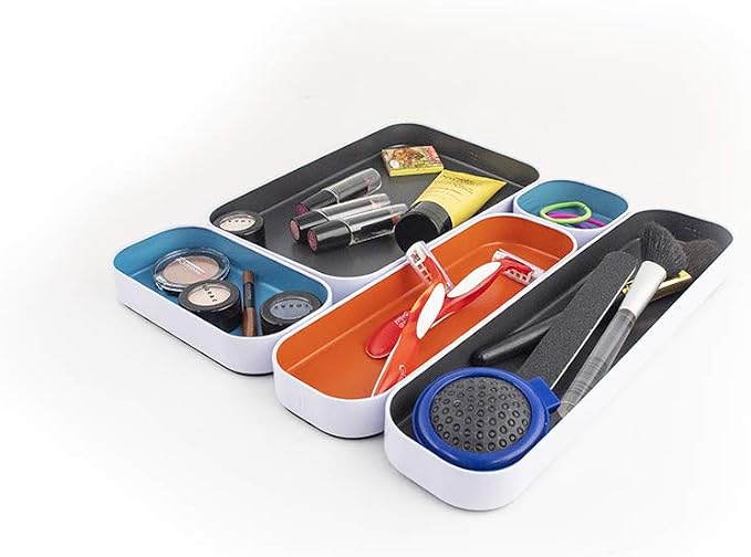 Three by Three Seattle Metal Drawer Organizer Tray Set, 5-Pc, 1" (Gray Mix) | Colorful 1" metal bins; food-safe; soft non-scratch base; kitchen, bathroom, vanity, desk & office drawers