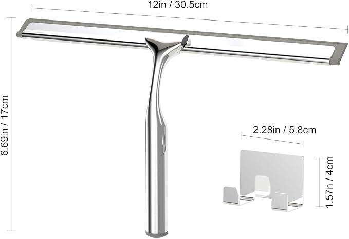 Shower Squeegee for Glass Doors, Squeegee for Shower Glass, Bathroom with Hook, Stainless Steel, 12-Inch Wide Blade for Efficient Cleaning, Perfect for Shower Glass,Tile Walls and Mirrors, Chrome