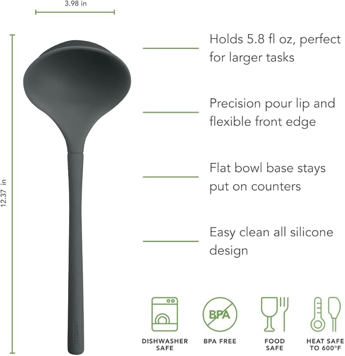 Tovolo Flex Core Silicone Ladle BPA Free Charcoal Gray Deep Silicone Soup Ladle, Heat Resistant All Silicone Ladle Construction, Large Dishwasher Sage Soup Ladle Kitchen Utensil for Cooking