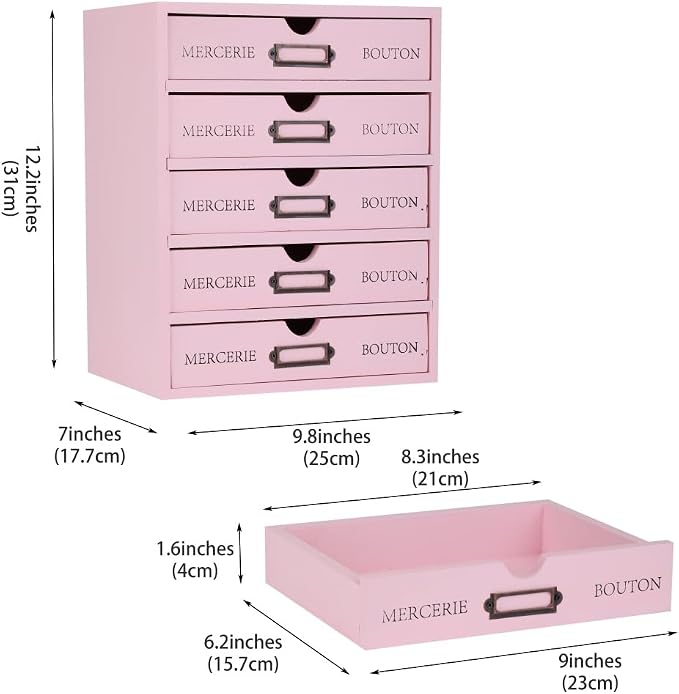 Wooden Storage Box with 5 Drawers Apothecary Vintage Wood Desktop Organizer Countertop Library Card Catalog Cabinet (Pink)