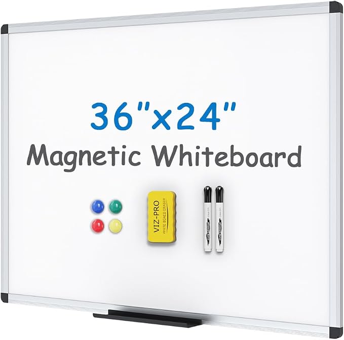 VIZ-PRO Magnetic Whiteboard, 36 x 24 Inches, Dry Erase Board for Wall | Includes 1 Eraser, 2 Markers & 4 Magnets, 3' x 2', Aluminum Frame, for School Office and Home