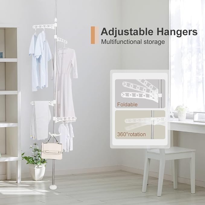 BAOYOUNI Telescopic Drying Rack Floor to CeilingAdjustable Metal Ivory | Corner Laundry Pole Coat Tree Hanger Metal Storage Organizer Stand with 4 Arms & 1 Hook Space Saving Tension Rod for Clothes
