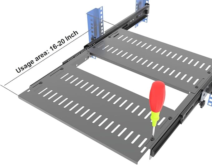 1U 19 inch Sliding 4-Post Vented Rack Mount Tray 14.6-22.3" D | Server Rack Shelf 16-20" Deep with Adjustable Mounting Deep 14.6"-22.3" for 19" Network Rack and Cabinet,Unassembled