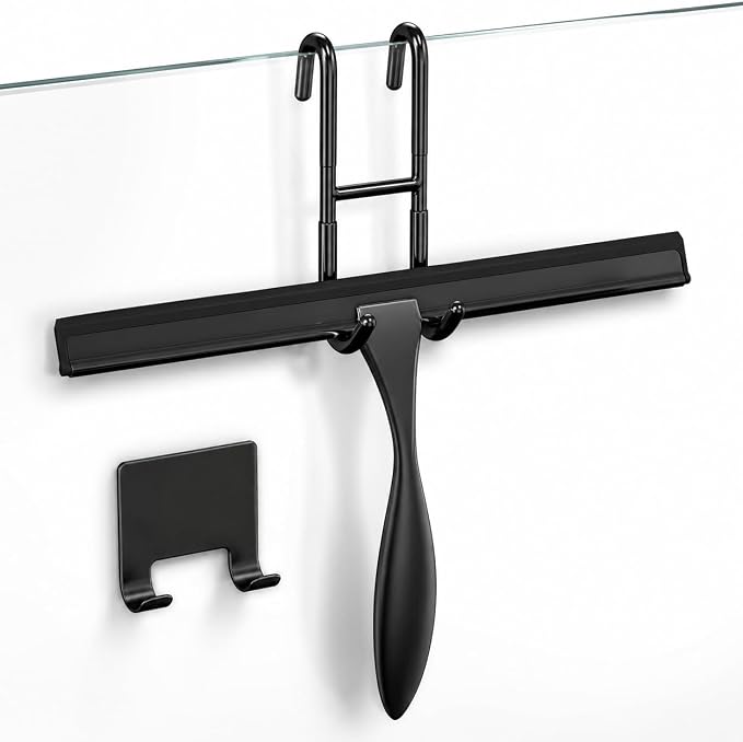 10 Inch Shower Door Squeegee - Black Shower Squeegee for Streak-Free Bathroom Glass - Stainless Steel Cleaner with Silicone Blade, Adhesive & Hanging Hooks for Mirror, Tile, Window, Car, Everyday Use