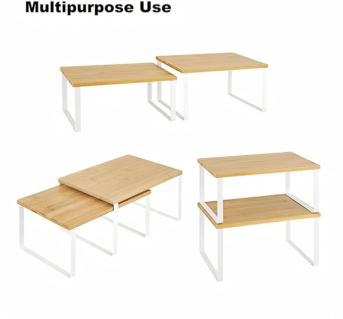 NEX Bamboo Kitchen Cabinet and Counter Shelf Organizer, Stackable & Expandable, Set of 4, White and Natural | Stackable Spice Rack, Pantry Organizers Space-Saving, Bathroom Countertop Storage, White and Natural