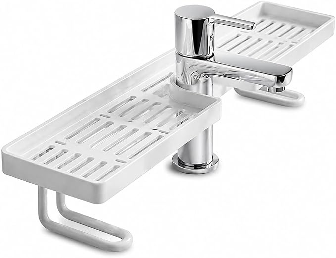 2026 New No-Drill Kitchen Sink Sponge Holder, Over-Faucet Storage Shelf with Drain Rack Organizer (White)