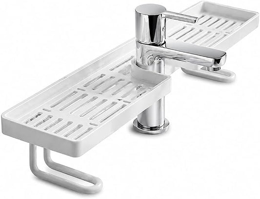 2026 New No-Drill Kitchen Sink Sponge Holder, Over-Faucet Storage Shelf with Drain Rack Organizer (White)