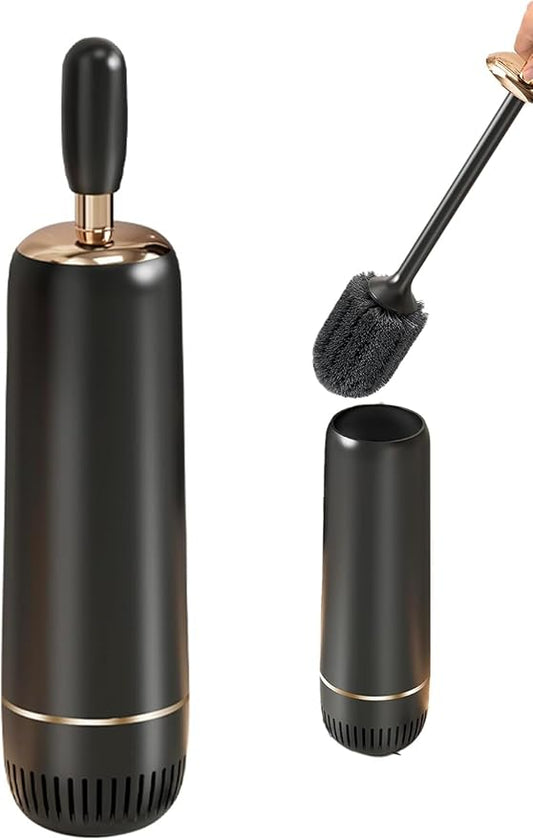 Toilet Brush Set, Dense Nylon Bristles, Wall Mount, Non-Scratch, Black Gold | 16.5" Handle,Splash-Proof,Odor-Locking Lid ,Ventilated Base,Hideaway Brush Head,Thick ABS,2 Adhesive