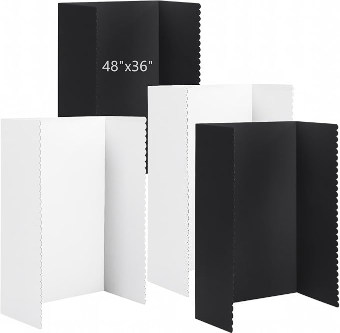 Mooliwe 4 Pack 48" X 36" Black White Trifold Poster Board, Large Tri Fold Boards Foldable Corrugated Presentation Display Scalloped Border for Science Fair, School Projects, Back to School Supplies