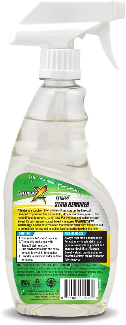 SWEATX Extreme Stain Remover Spray for Clothes and Activewear, 16 fl oz | No Wash Multipurpose Deodorizer for Stinky Shoes, Gym Bags and Sports Equipment, Concentrated Non Toxic Formula