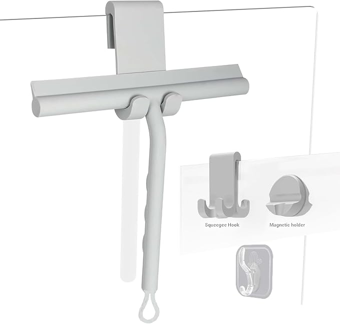 Squeegee for Shower Glass Doors, Resilient Loop - No-Drill & Adhesive Hook, Silicone Shower Squeegee with Stainless Steel Core, Cleaning Tool for Home, Kitchen, Bathroom & Car - Grey