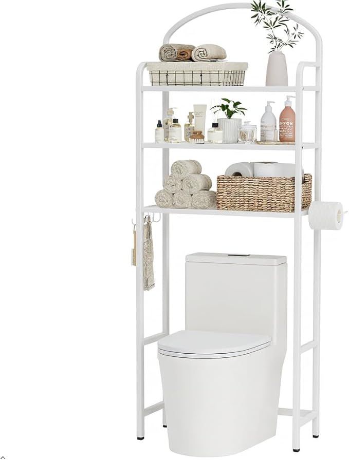 Over The Toilet Storage Rack, 3 Tier Bathroom Organizer with 4 Hooks & Paper Holder, Space Saver Metal Shelf for Bathroom Supplies, White Toilet Rack