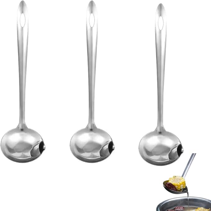 3 Pack Soup Ladle Fat Separator Stainless Steel Ladle with Pour Spout Oil Separator Soup Spoon Grease Strainer Serving Spoon Gravy Pouring Ladles for Soups Stocks Sauces Broth Drippings