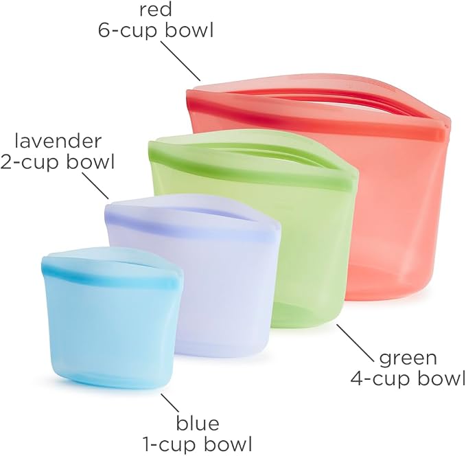 Stasher Silicone Reusable Storage Bags, 4-Pack, Reusable Freezer Bags, Microwave, Dishwasher, Oven Safe, Sous Vide, Premium Lunch Containers, Eco Friendly, Food Storage Bags, Snack Bags, Multicolor