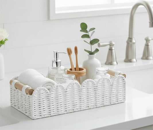 CubesLand Scalloped Edge Toilet Paper Storage Basket, Living Room Home Cozy Decor Basket, Paper Rope Small Baskets for Over Toilet Storage Shelf, End Table, Shelves, with 2 Wooden Handles, White
