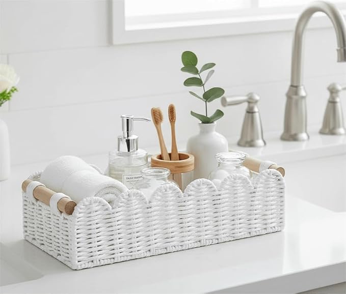 CubesLand Bathroom Basket Organizer, Toilet Tank Paper Storage Baskets 2PK | Scalloped Decorative Basket for Countertop w/Handle, Wicker Basket for Bathroom Decor, Home Decor, Living Room, White