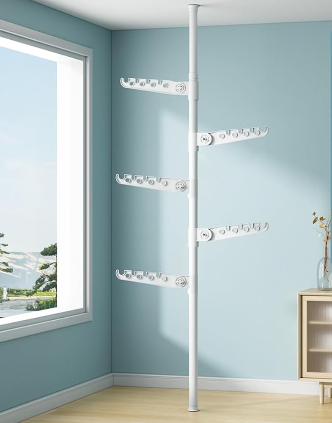 5-Tier Clothes Drying Rack Telescopic Coat Hanger Garment Stand Floor to Ceiling Laundry Pole Tension Rod Storage Organizer for Home, Balcony, Office 43.3''-122.04''