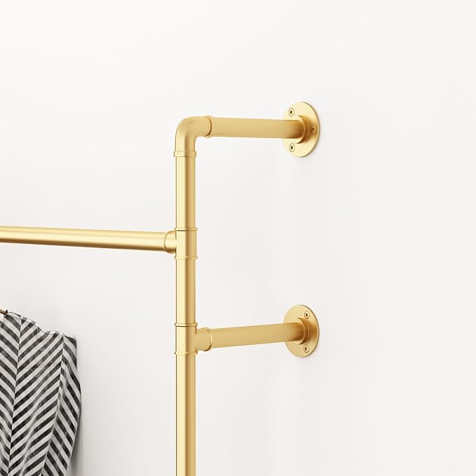 ORSENIGO Industrial Pipe Clothing Rack, Heavy Duty Clothes Rack for Hanging Clothes, Wall Mounted Display Garment Rack for Home Retail Boutique (Single, Gold)