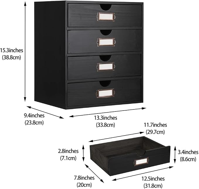 Large Wooden Drawers Wooden Box with Drawer Black | 4 Drawer Storage Box for Apothecary Cabinet, Apothecary Drawers，Desktop Organizer with Metal Handles for Office，Home