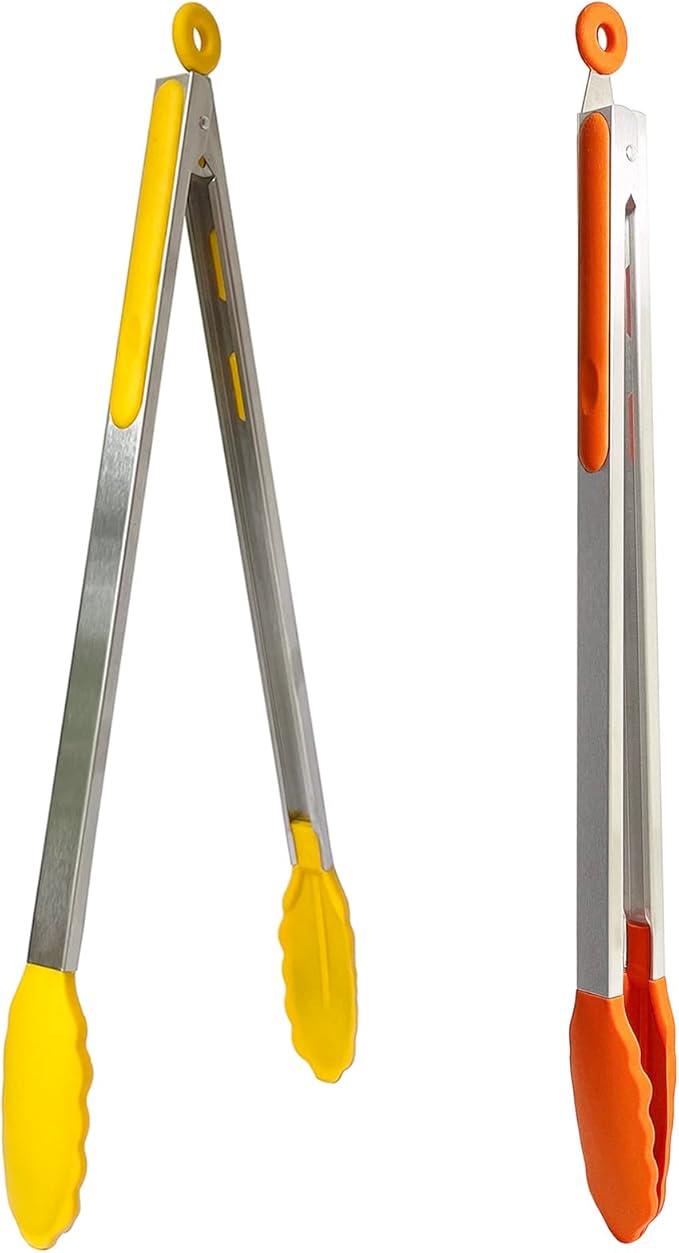 18 inch Extra Long Grill Tongs (1 orange + 1 yellow), with Silicone Tip Head, Stainless Steel Barbecue Tongs with Long Handle, Large Sized Food Tong