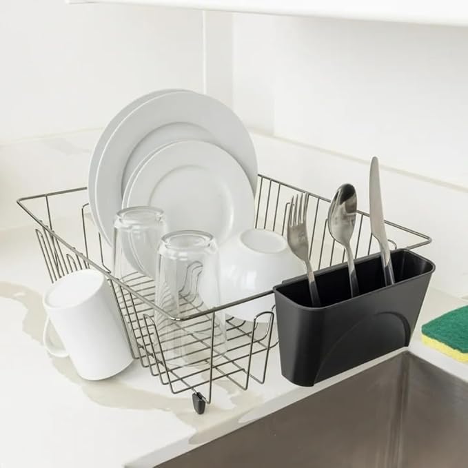 Large Wire Dish Rack – 17.5" x 13.7" x 5.5", Black/Chrome, Space-Saving Kitchen Dish Drainer with Utensil Holder, Rust-Resistant for Drying Plates & Bowls