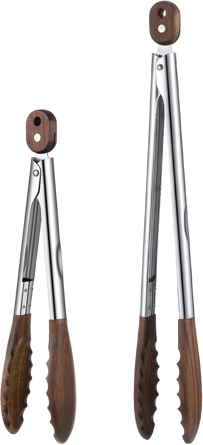 12 & 15 Inch Wooden Tongs for Cooking, Long Stainless Steel Salad Tongs with Walnut Wood Tip, Locking Heat Resistant Kitchen Utensils for Serving, Grilling, Frying, and Toaster Use