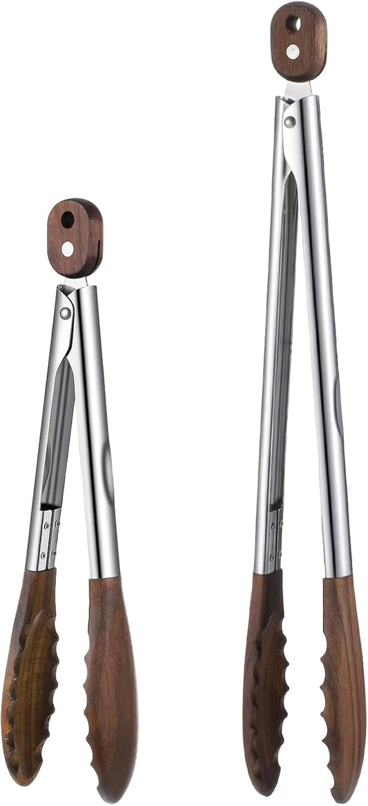 12 & 15 Inch Wooden Tongs for Cooking, Long Stainless Steel Salad Tongs with Walnut Wood Tip, Locking Heat Resistant Kitchen Utensils for Serving, Grilling, Frying, and Toaster Use