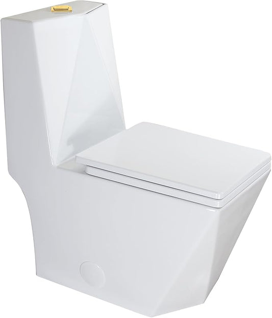 WinZo Rectangular Modern One Piece Toilet with Diamond-shaped Sleek Design Square Dual Flush Gold Button Elongated Soft Closing Seat, White