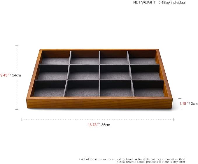 Oirlv Solid Wood Jewelry Tray,Jewelry Drawer Organizer,12 Grid(Grey) | Stackable Design,for Jewelry Necklaces Bracelets and Watches,Organizing and Presentinge Legantly on Dressers&in Dresser