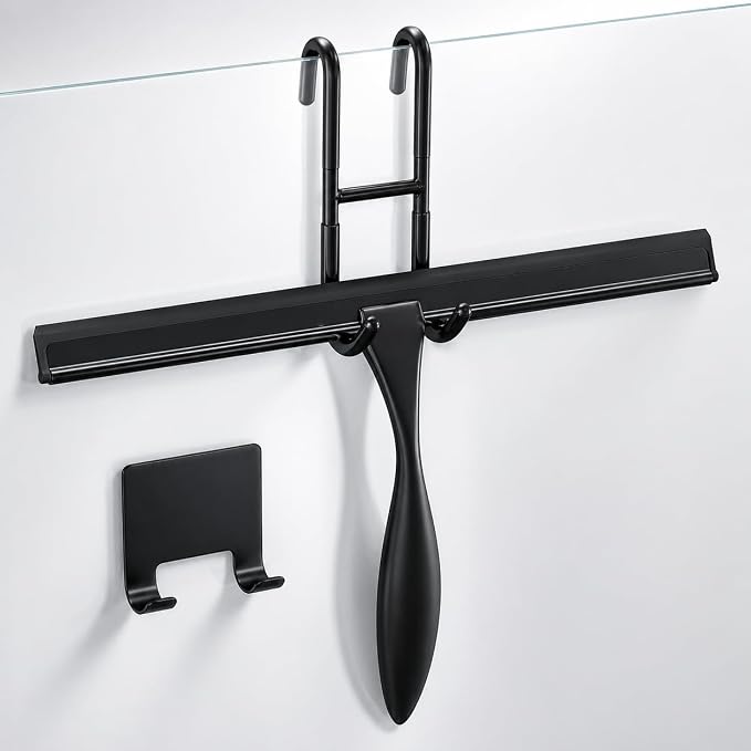 12 Inch Shower Door Squeegee - Black Shower Squeegee for Streak-Free Bathroom Glass - Stainless Steel Cleaner with Silicone Blade, Adhesive & Hanging Hooks for Mirror, Tile, Window, Car, Everyday Use