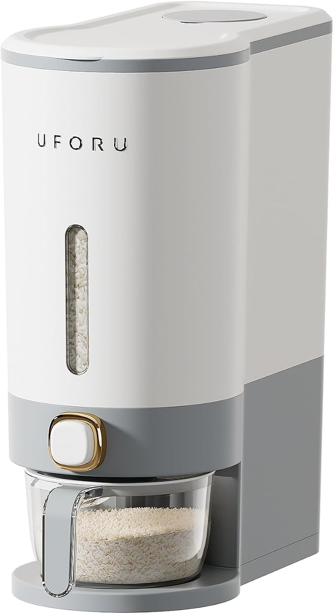 UFORU Rice Dispenser, Rice Storage Container with Measuring Cup for Kitchen Pantry Household, Cereal Dry Food Storage Containers Airtight, Sealed Moisture Proof, (Gray 23-25Lbs)