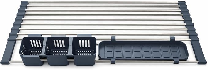 Expandable 304 Stainless Steel Roll Up Dish Drying Rack Over the Sink, Foldable Kichen Sink Drainer, Heat Resistant Space Saving Design