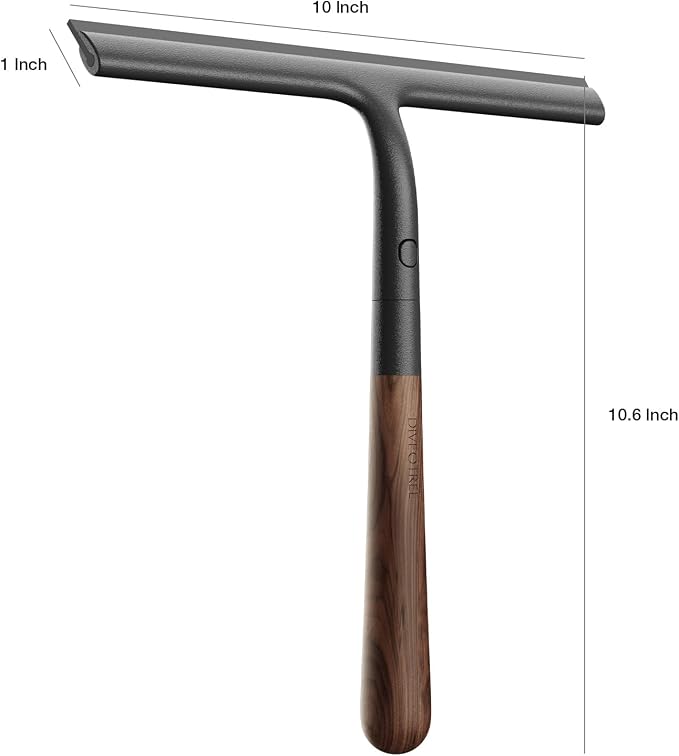 Shower Squeegee for Glass Doors, Streak-Free Silicone Window Cleaner with Detachable Wood Handle & Hook, Rust-Proof Bathroom Squeegee for Mirror, Tile Wall, Car Windshield, 10 Inch Black