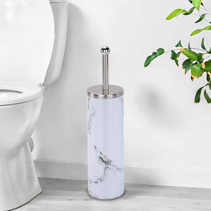 Zahari Home Marble Toilet Bowl Brush and Holder, White, Metal