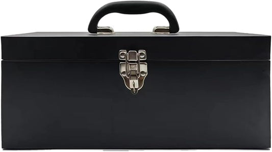 16" Portable Metal Toolbox Large Tool Box 18-Gauge Fishing Tackle Box Tool Box Drawer Organizer Steel Toolbox With Metal Latch and Handle Black