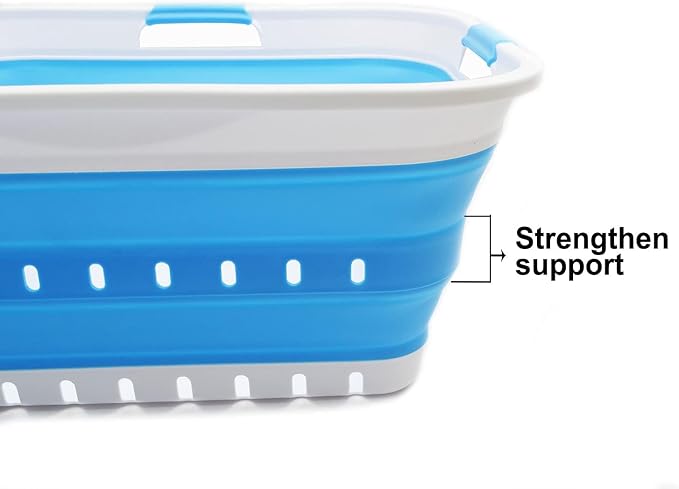SAMMART 42L (11 gallon) Collapsible Plastic Laundry Basket - Foldable Pop Up Storage Container/Organizer - Portable Basket - Space Saving Hamper/Basket (2, White/Marine Blue)