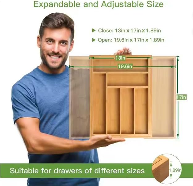 Kitchen Drawer Organizer Expandable Bamboo, Utensil Organizer for Kitchen Drawer, Adjustable Silverware Organizer Tray 13–19.6”, Wooden Cutlery Drawer Organizer, Deep Compartments (5)
